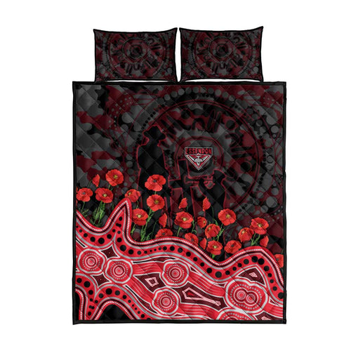 Essendon Bombers ANZAC Day Quilt Bed Set Indigenous Dot Art with Poppy Flower Tribute