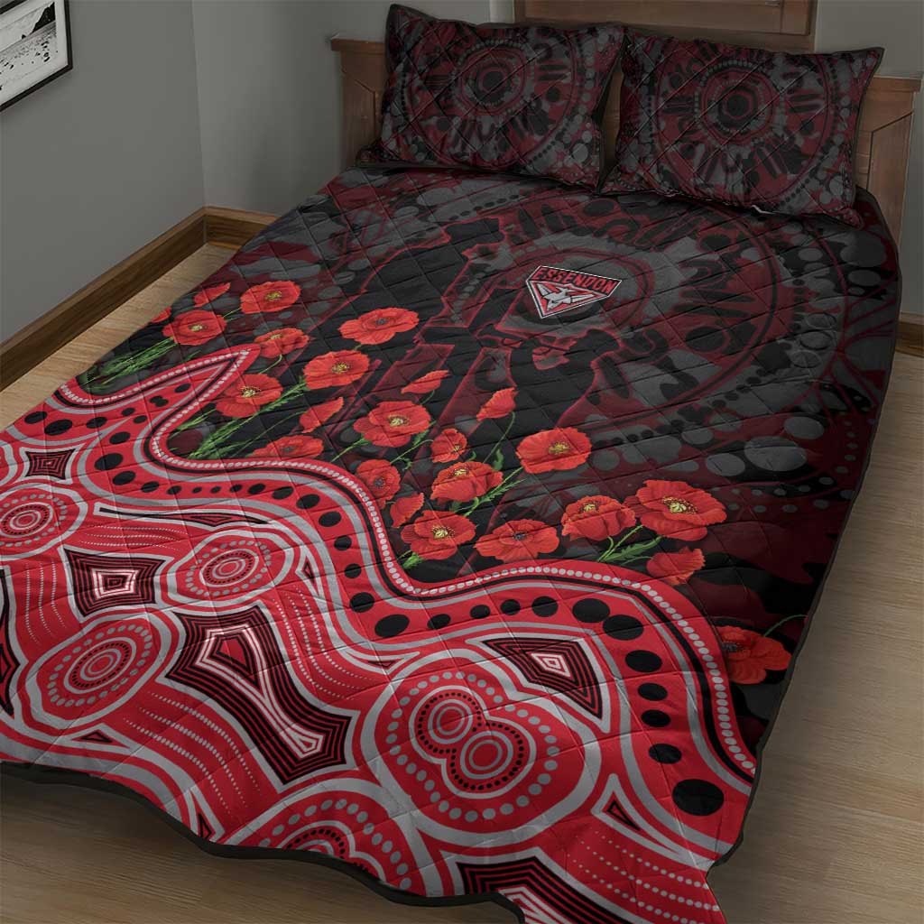 Essendon Bombers ANZAC Day Quilt Bed Set Indigenous Dot Art with Poppy Flower Tribute