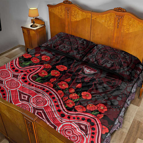Essendon Bombers ANZAC Day Quilt Bed Set Indigenous Dot Art with Poppy Flower Tribute