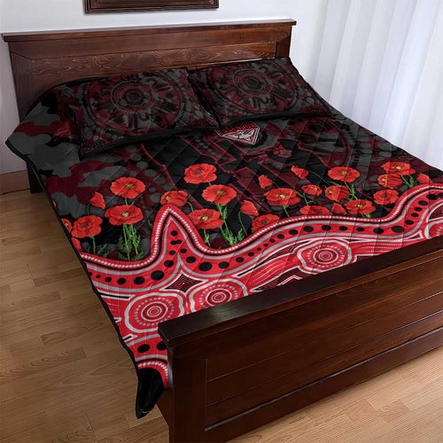 Essendon Bombers ANZAC Day Quilt Bed Set Indigenous Dot Art with Poppy Flower Tribute