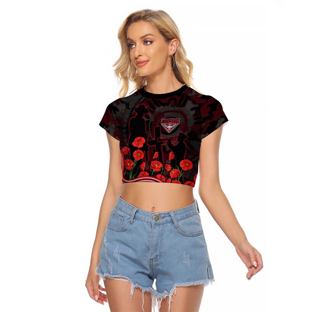 Essendon Bombers ANZAC Day Raglan Cropped T Shirt Indigenous Dot Art with Poppy Flower Tribute