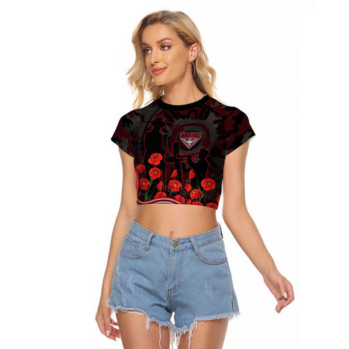 Essendon Bombers ANZAC Day Raglan Cropped T Shirt Indigenous Dot Art with Poppy Flower Tribute