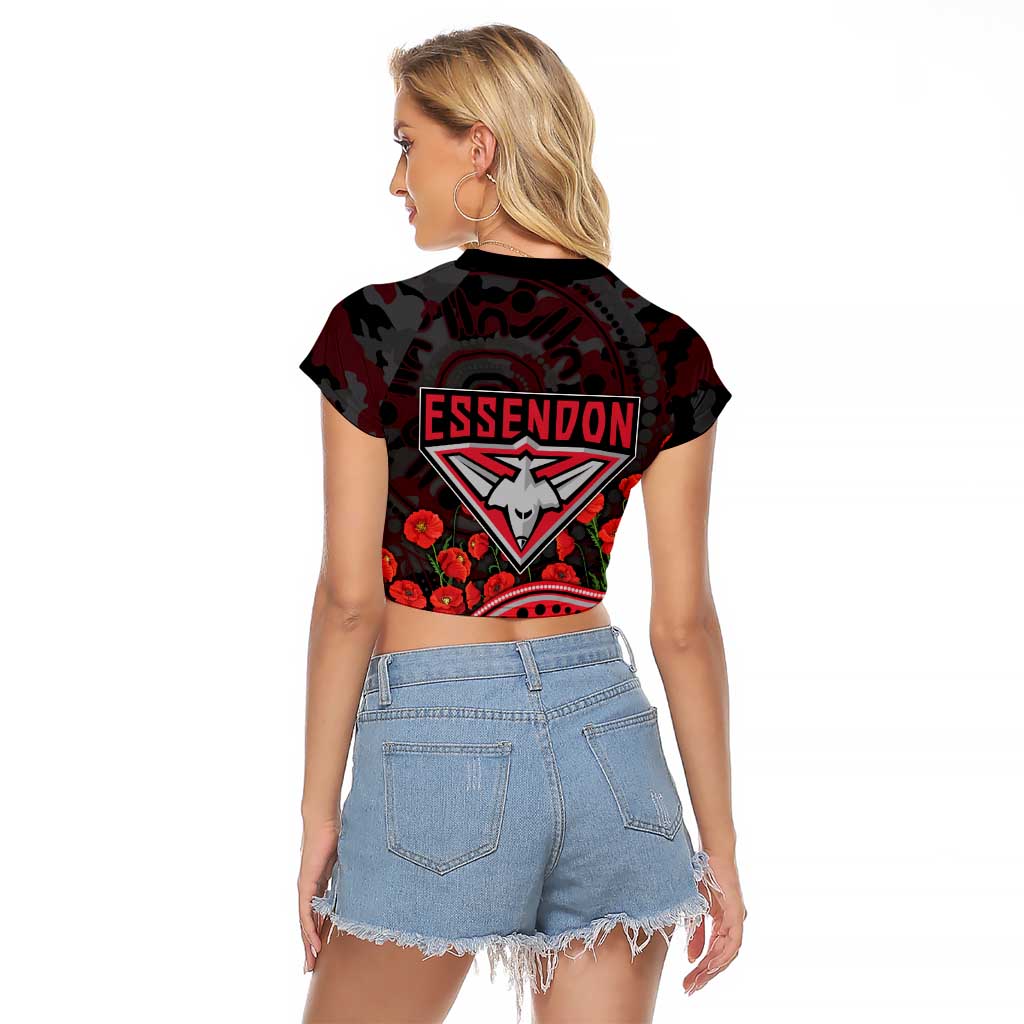Essendon Bombers ANZAC Day Raglan Cropped T Shirt Indigenous Dot Art with Poppy Flower Tribute
