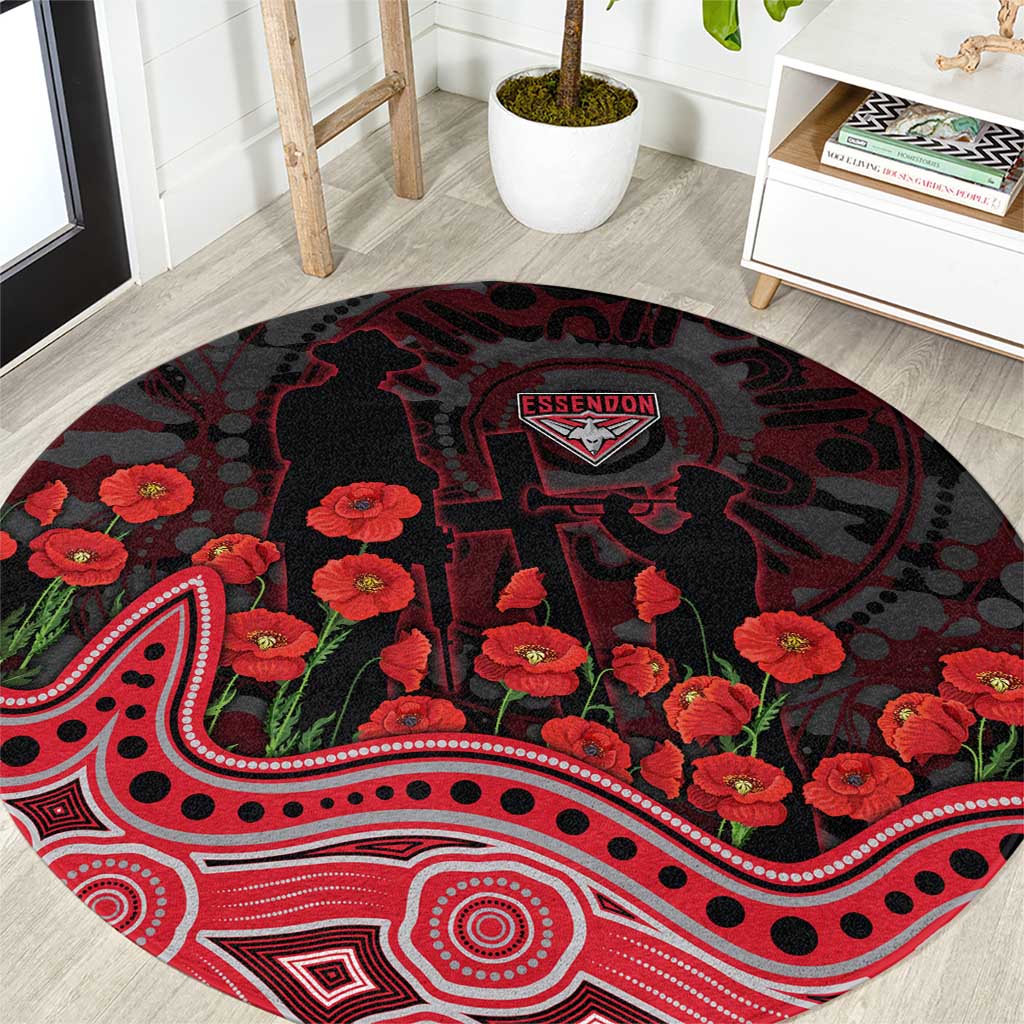 Essendon Bombers ANZAC Day Round Carpet Indigenous Dot Art with Poppy Flower Tribute
