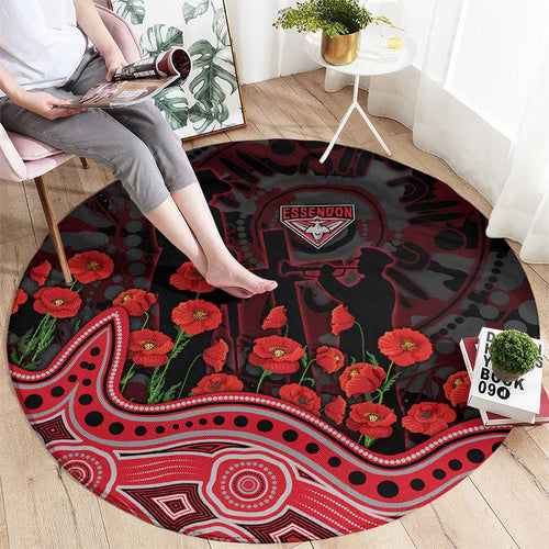 Essendon Bombers ANZAC Day Round Carpet Indigenous Dot Art with Poppy Flower Tribute