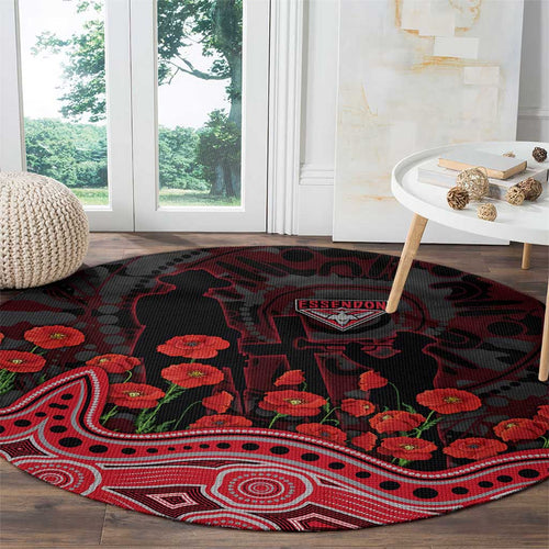 Essendon Bombers ANZAC Day Round Carpet Indigenous Dot Art with Poppy Flower Tribute