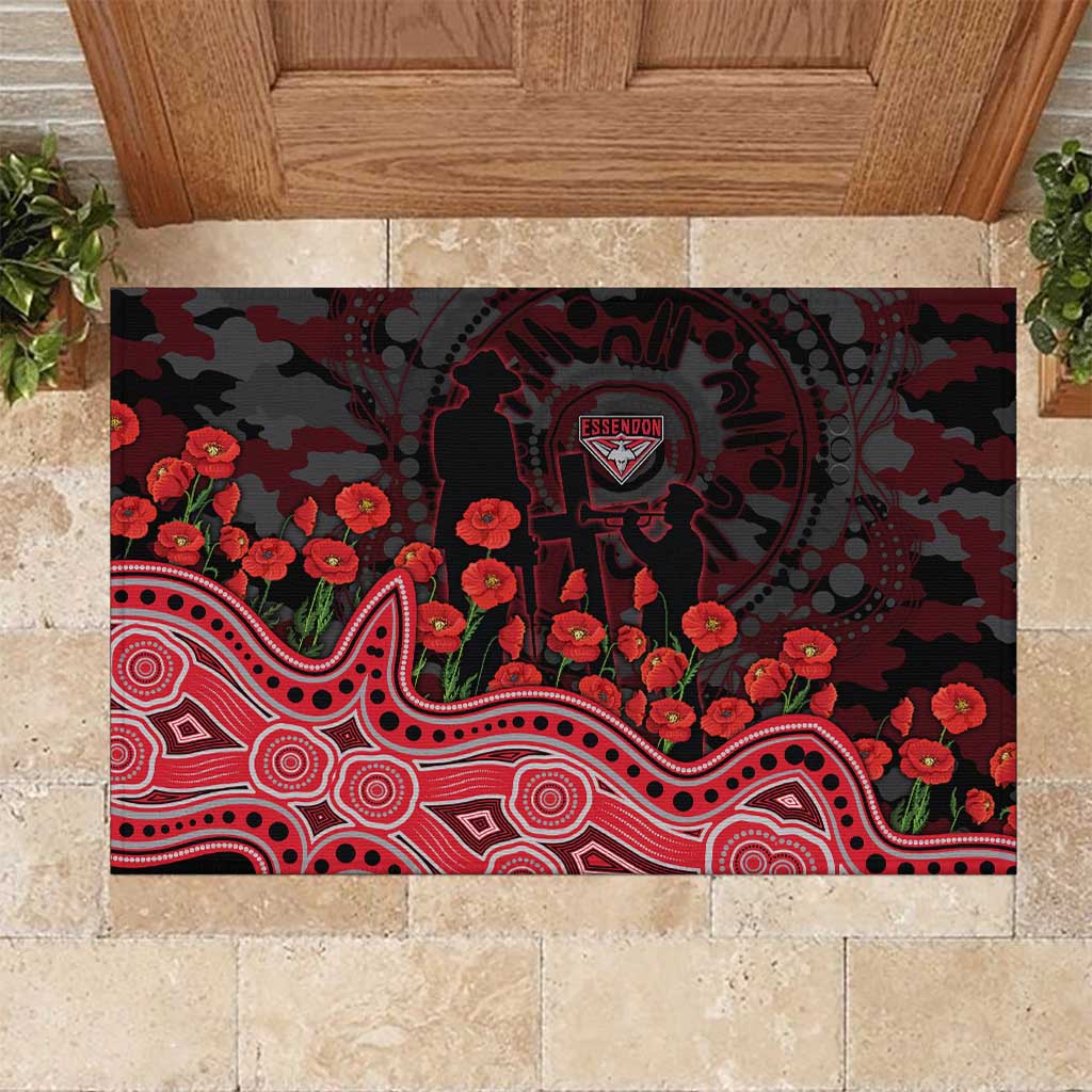 Essendon Bombers ANZAC Day Rubber Doormat Indigenous Dot Art with Poppy Flower Tribute