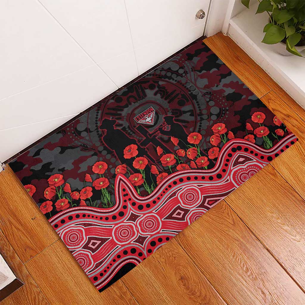 Essendon Bombers ANZAC Day Rubber Doormat Indigenous Dot Art with Poppy Flower Tribute