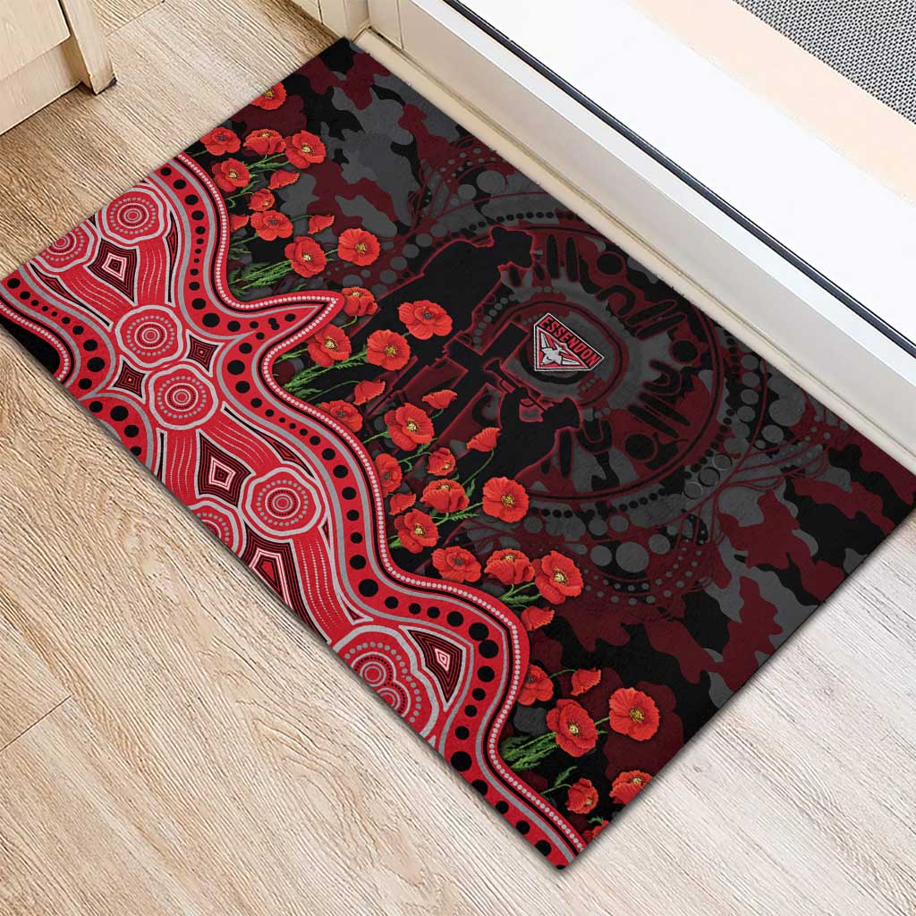Essendon Bombers ANZAC Day Rubber Doormat Indigenous Dot Art with Poppy Flower Tribute
