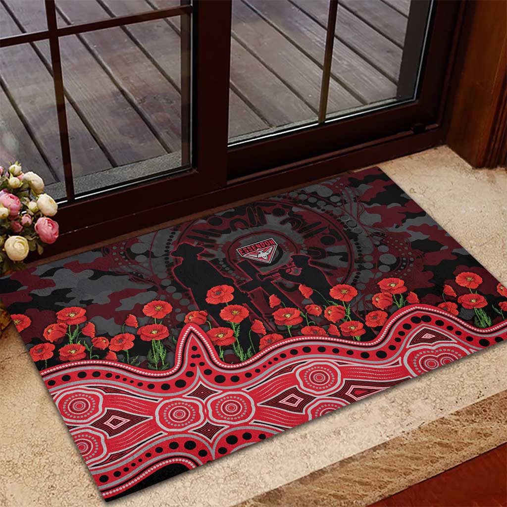Essendon Bombers ANZAC Day Rubber Doormat Indigenous Dot Art with Poppy Flower Tribute