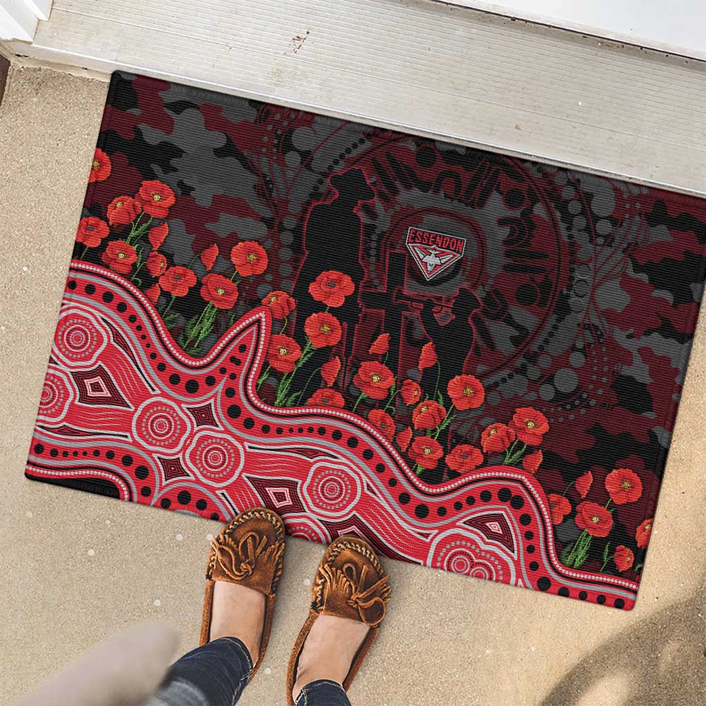 Essendon Bombers ANZAC Day Rubber Doormat Indigenous Dot Art with Poppy Flower Tribute