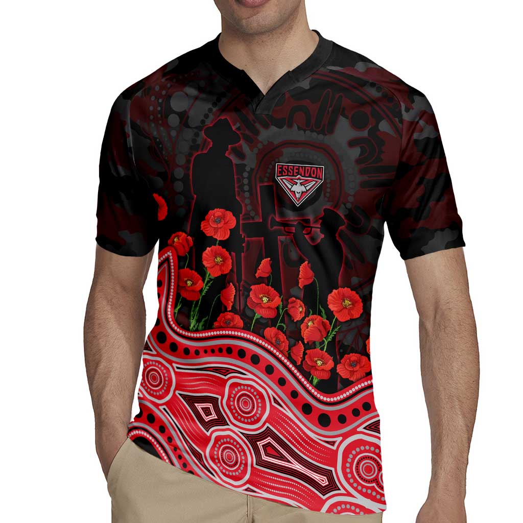 Essendon Bombers ANZAC Day Rugby Jersey Indigenous Dot Art with Poppy Flower Tribute