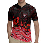 Essendon Bombers ANZAC Day Rugby Jersey Indigenous Dot Art with Poppy Flower Tribute