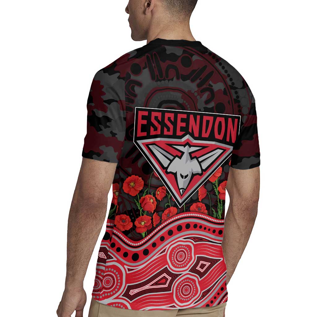 Essendon Bombers ANZAC Day Rugby Jersey Indigenous Dot Art with Poppy Flower Tribute