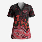 Essendon Bombers ANZAC Day Scrub Top Indigenous Dot Art with Poppy Flower Tribute