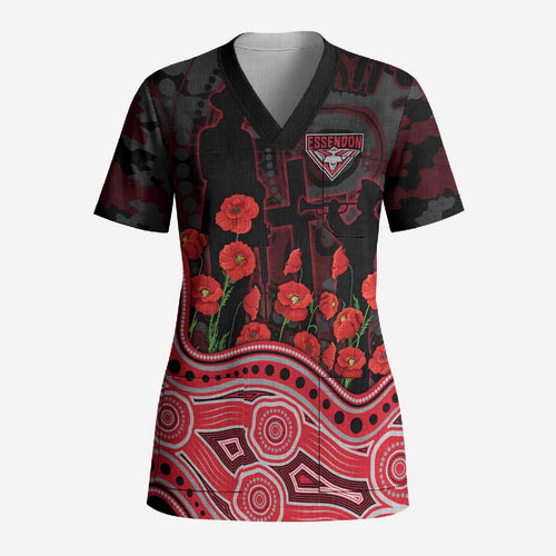 Essendon Bombers ANZAC Day Scrub Top Indigenous Dot Art with Poppy Flower Tribute