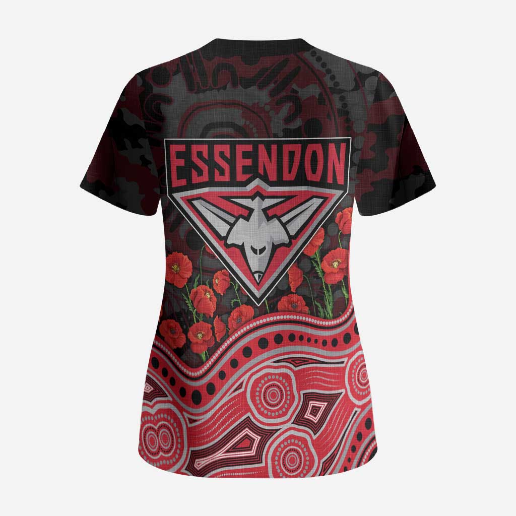 Essendon Bombers ANZAC Day Scrub Top Indigenous Dot Art with Poppy Flower Tribute