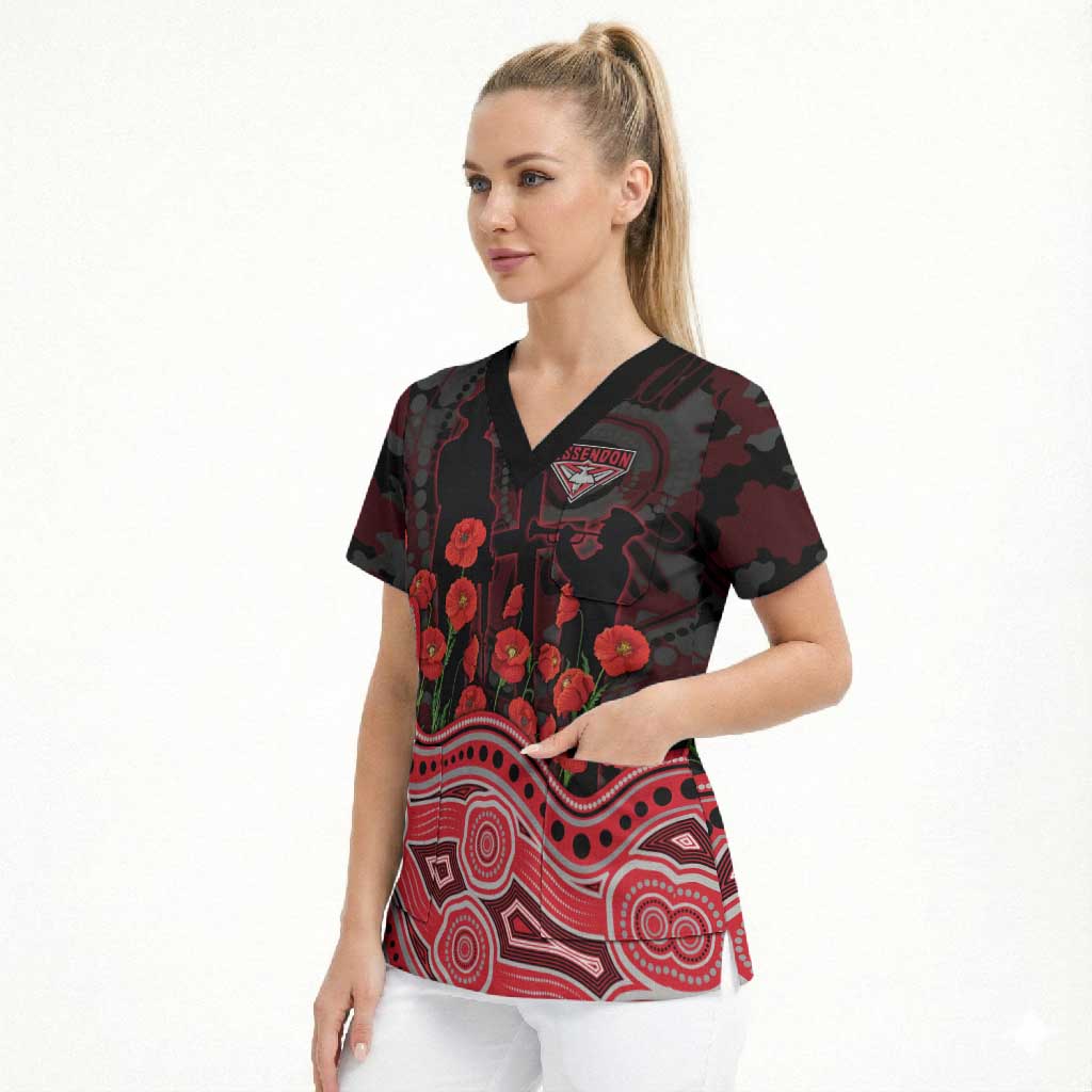 Essendon Bombers ANZAC Day Scrub Top Indigenous Dot Art with Poppy Flower Tribute