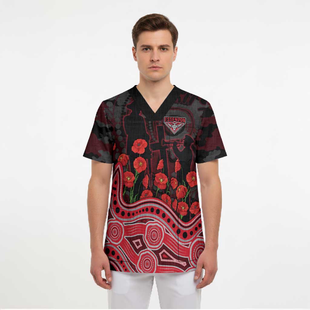 Essendon Bombers ANZAC Day Scrub Top Indigenous Dot Art with Poppy Flower Tribute