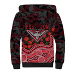 Essendon Bombers ANZAC Day Sherpa Hoodie Indigenous Dot Art with Poppy Flower Tribute