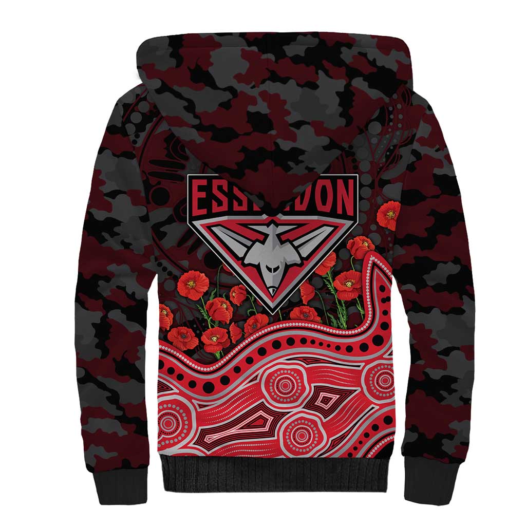 Essendon Bombers ANZAC Day Sherpa Hoodie Indigenous Dot Art with Poppy Flower Tribute