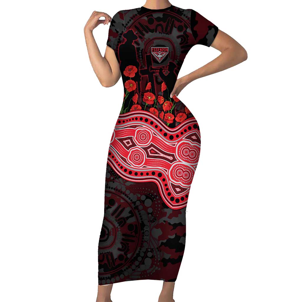 Essendon Bombers ANZAC Day Short Sleeve Bodycon Dress Indigenous Dot Art with Poppy Flower Tribute