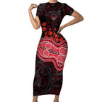 Essendon Bombers ANZAC Day Short Sleeve Bodycon Dress Indigenous Dot Art with Poppy Flower Tribute