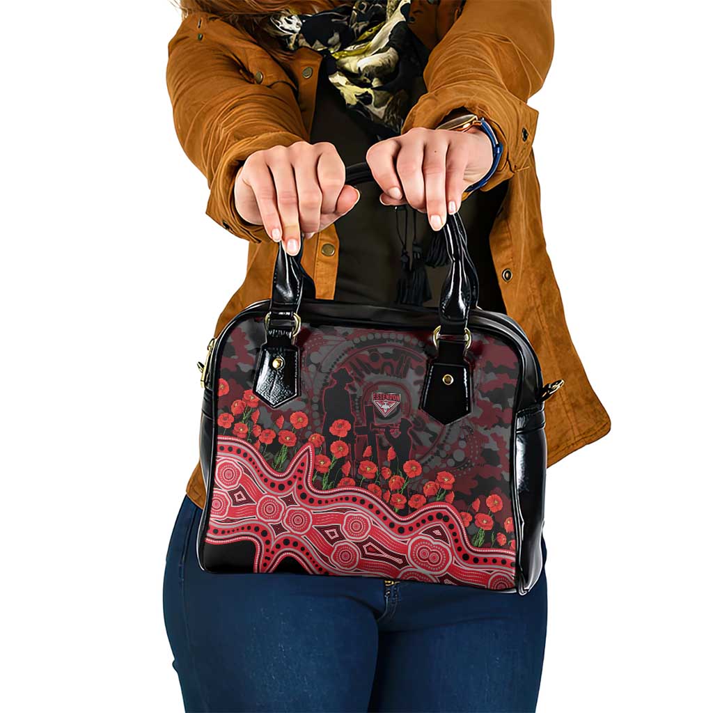 Essendon Bombers ANZAC Day Shoulder Handbag Indigenous Dot Art with Poppy Flower Tribute