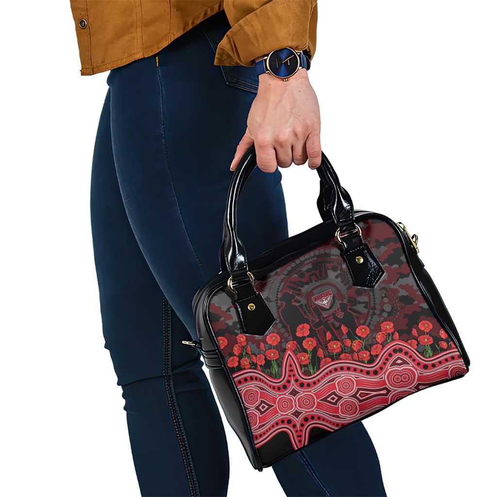 Essendon Bombers ANZAC Day Shoulder Handbag Indigenous Dot Art with Poppy Flower Tribute