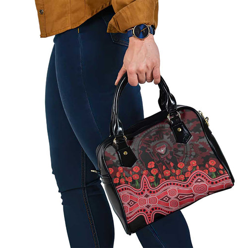 Essendon Bombers ANZAC Day Shoulder Handbag Indigenous Dot Art with Poppy Flower Tribute