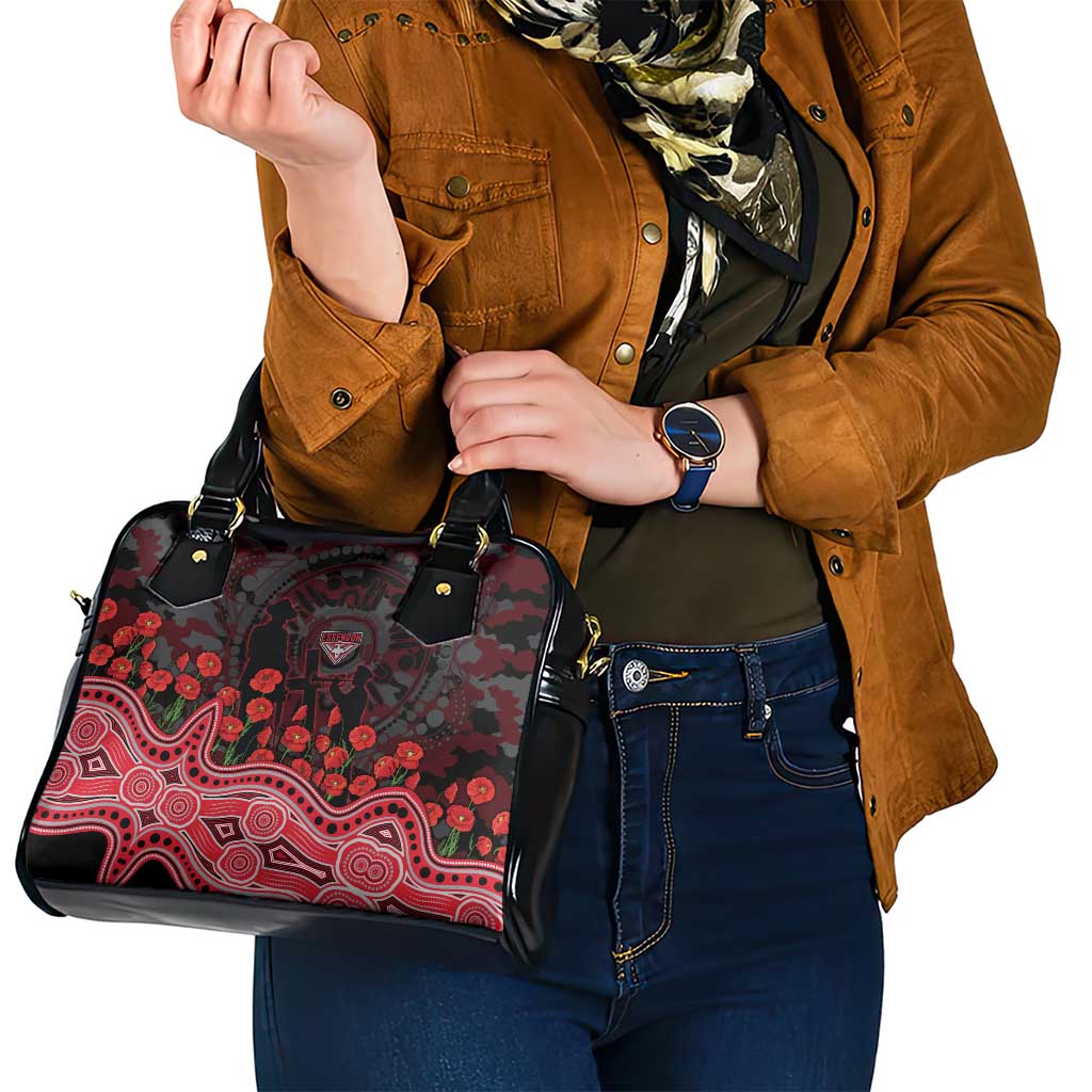 Essendon Bombers ANZAC Day Shoulder Handbag Indigenous Dot Art with Poppy Flower Tribute