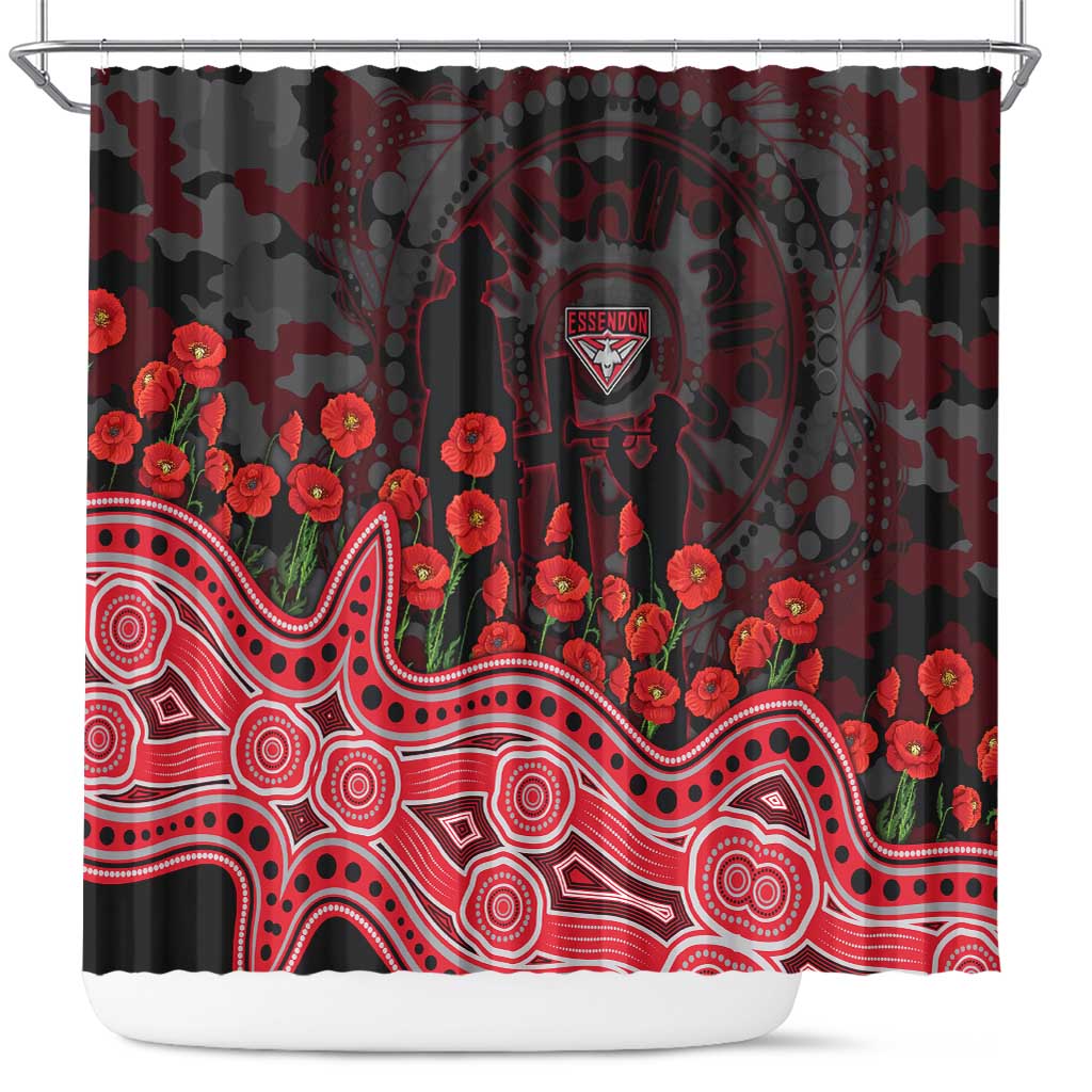 Essendon Bombers ANZAC Day Shower Curtain Indigenous Dot Art with Poppy Flower Tribute