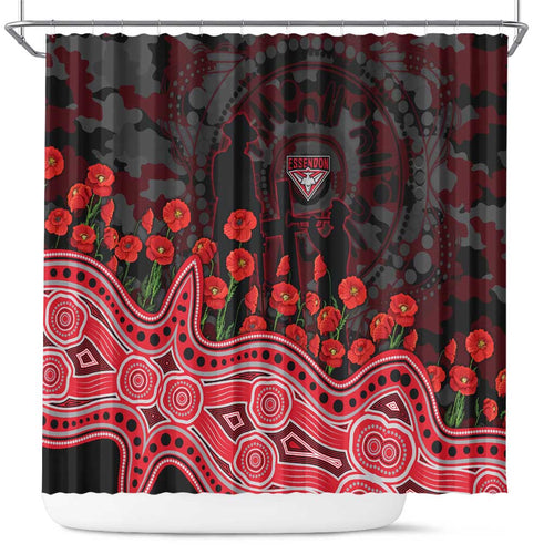 Essendon Bombers ANZAC Day Shower Curtain Indigenous Dot Art with Poppy Flower Tribute