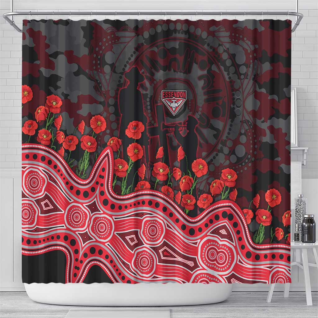 Essendon Bombers ANZAC Day Shower Curtain Indigenous Dot Art with Poppy Flower Tribute