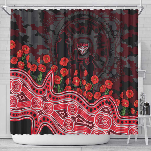 Essendon Bombers ANZAC Day Shower Curtain Indigenous Dot Art with Poppy Flower Tribute