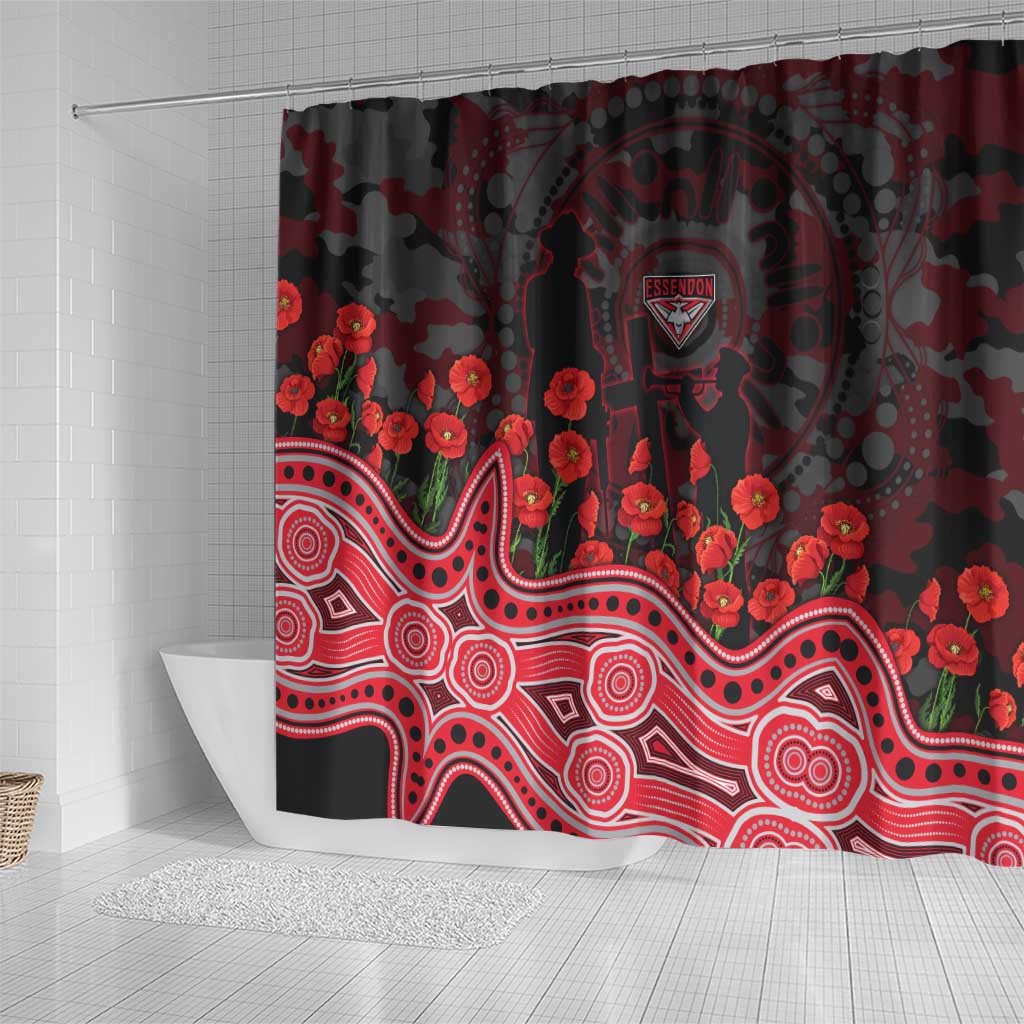 Essendon Bombers ANZAC Day Shower Curtain Indigenous Dot Art with Poppy Flower Tribute