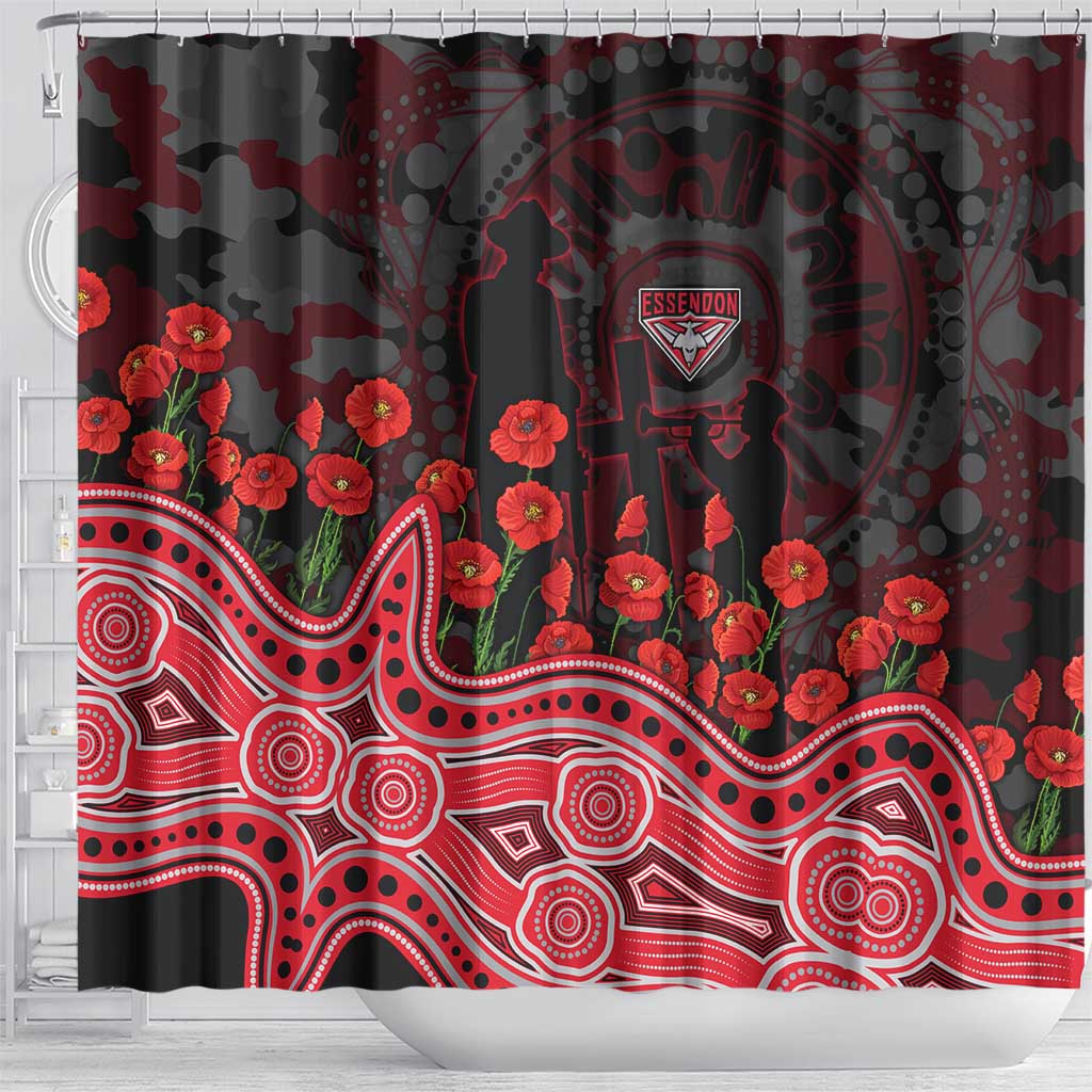 Essendon Bombers ANZAC Day Shower Curtain Indigenous Dot Art with Poppy Flower Tribute
