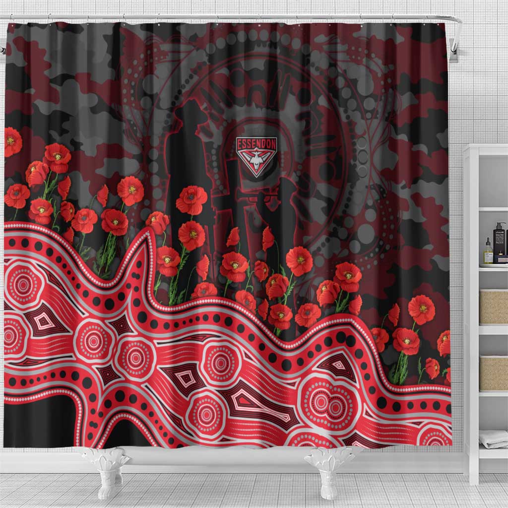 Essendon Bombers ANZAC Day Shower Curtain Indigenous Dot Art with Poppy Flower Tribute