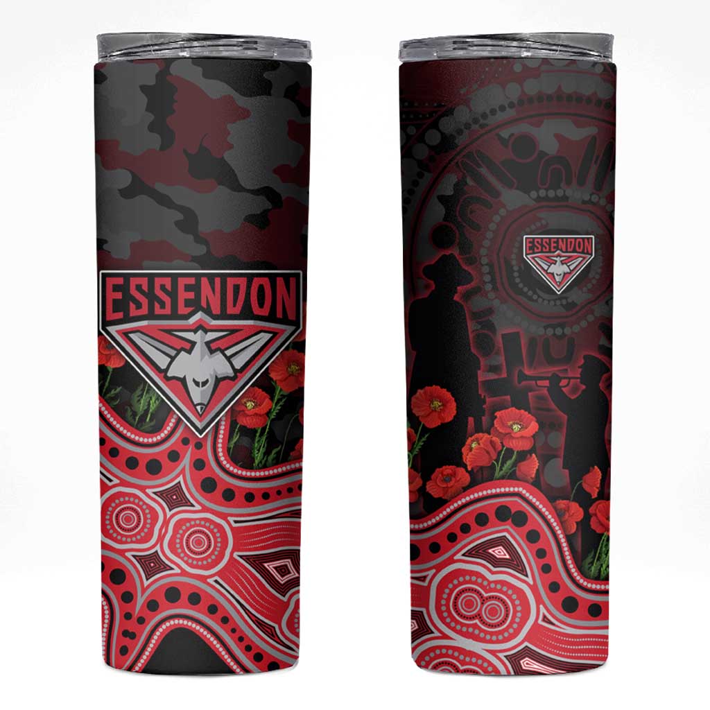 Essendon Bombers ANZAC Day Skinny Tumbler Indigenous Dot Art with Poppy Flower Tribute