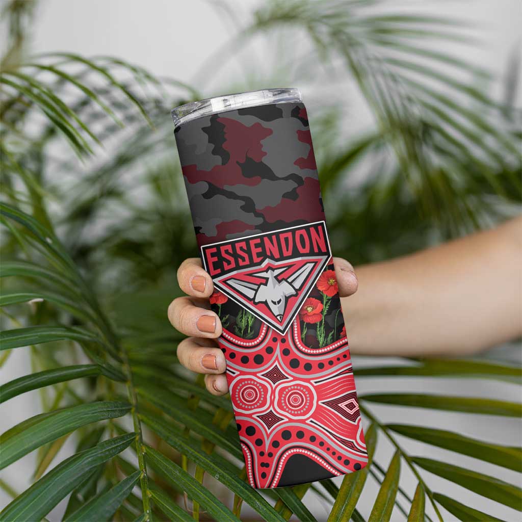Essendon Bombers ANZAC Day Skinny Tumbler Indigenous Dot Art with Poppy Flower Tribute
