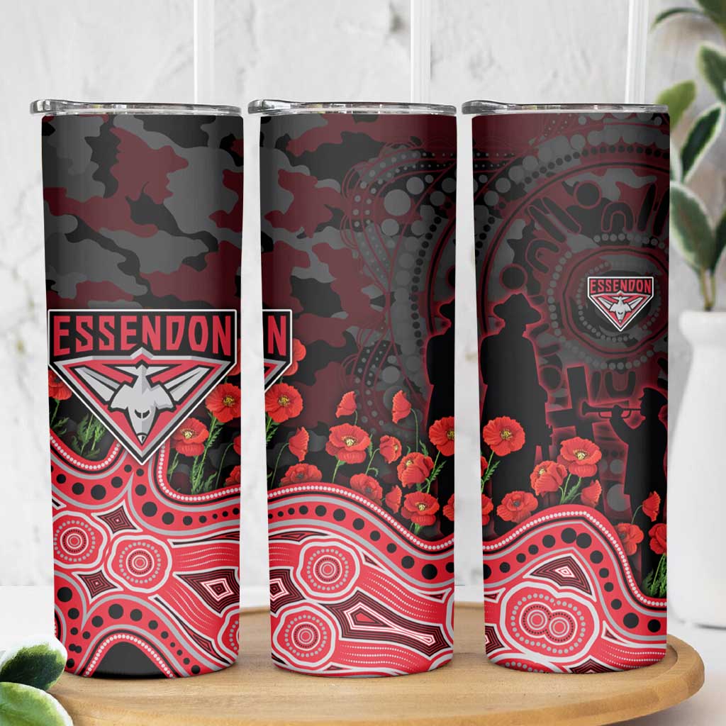 Essendon Bombers ANZAC Day Skinny Tumbler Indigenous Dot Art with Poppy Flower Tribute
