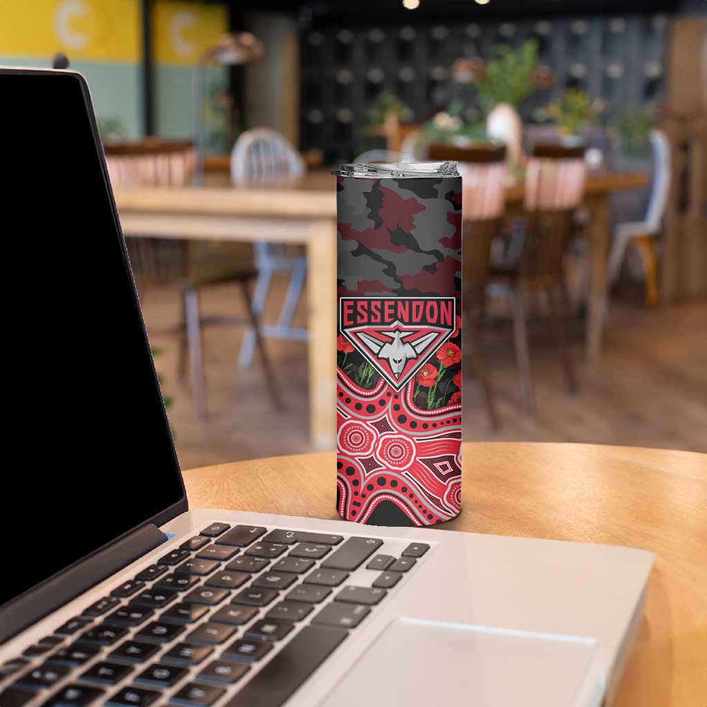 Essendon Bombers ANZAC Day Skinny Tumbler Indigenous Dot Art with Poppy Flower Tribute