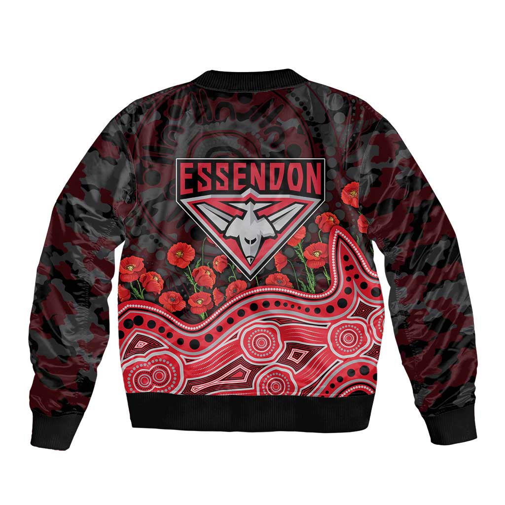 Essendon Bombers ANZAC Day Sleeve Zip Bomber Jacket Indigenous Dot Art with Poppy Flower Tribute