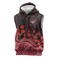 Essendon Bombers ANZAC Day Sleeveless Hoodie Indigenous Dot Art with Poppy Flower Tribute