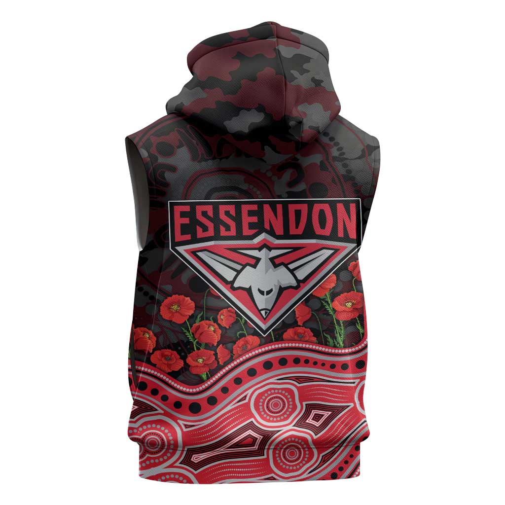 Essendon Bombers ANZAC Day Sleeveless Hoodie Indigenous Dot Art with Poppy Flower Tribute