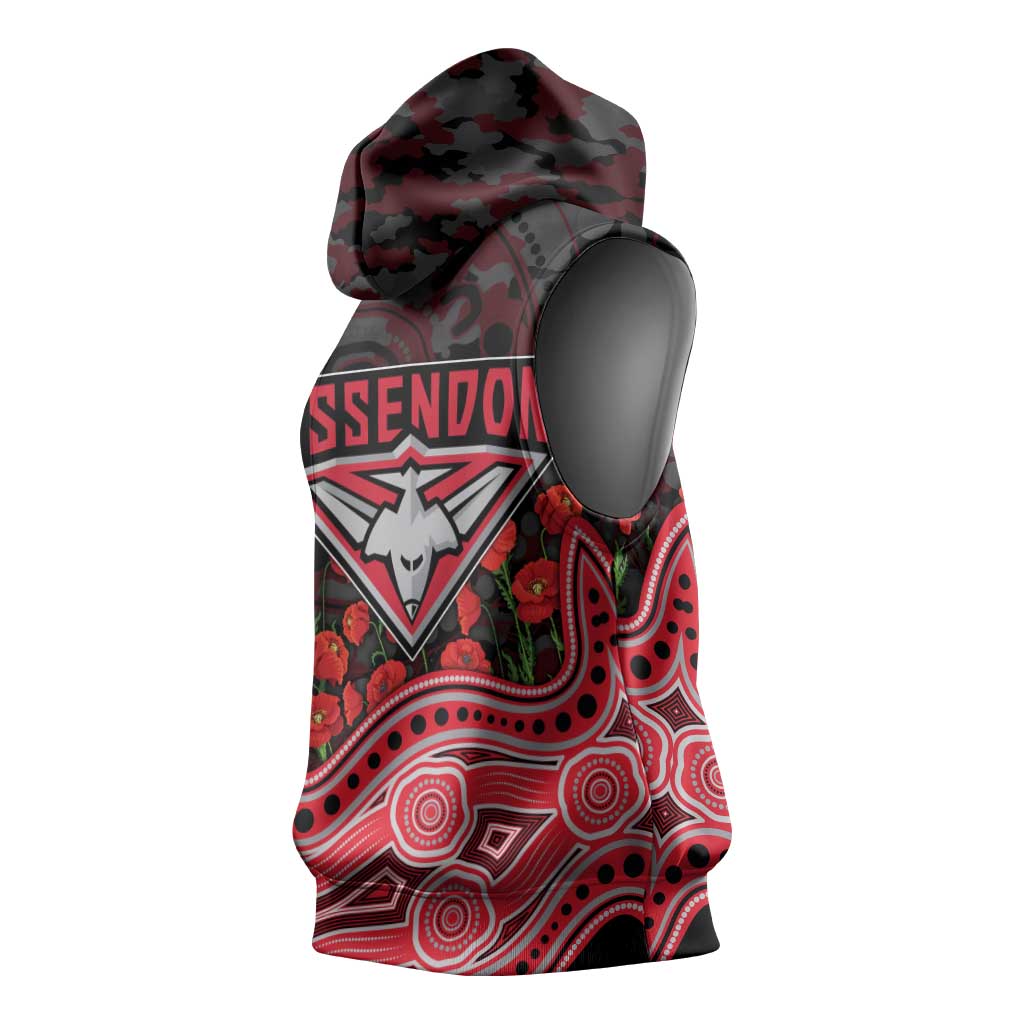 Essendon Bombers ANZAC Day Sleeveless Hoodie Indigenous Dot Art with Poppy Flower Tribute