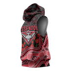 Essendon Bombers ANZAC Day Sleeveless Hoodie Indigenous Dot Art with Poppy Flower Tribute