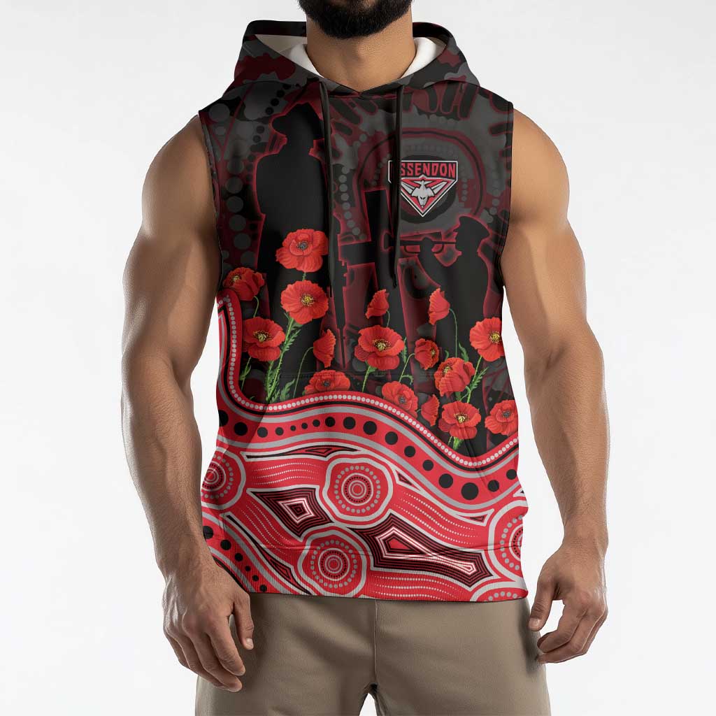 Essendon Bombers ANZAC Day Sleeveless Hoodie Indigenous Dot Art with Poppy Flower Tribute