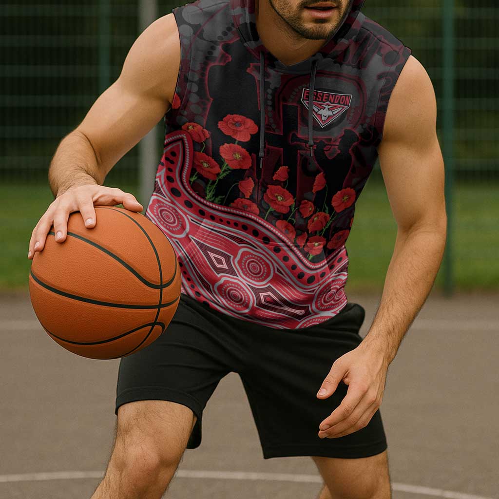 Essendon Bombers ANZAC Day Sleeveless Hoodie Indigenous Dot Art with Poppy Flower Tribute