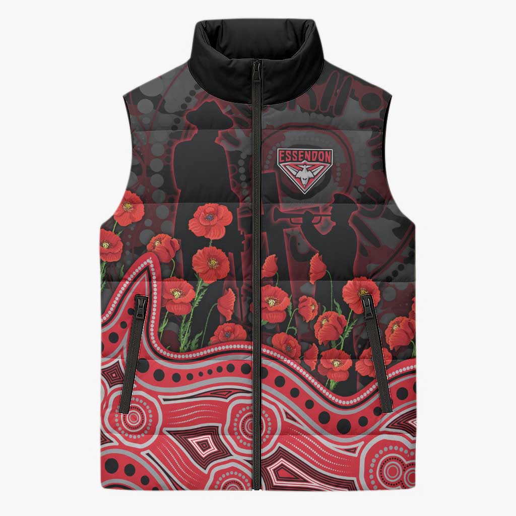 Essendon Bombers ANZAC Day Sleeveless Puffer Jacket Indigenous Dot Art with Poppy Flower Tribute